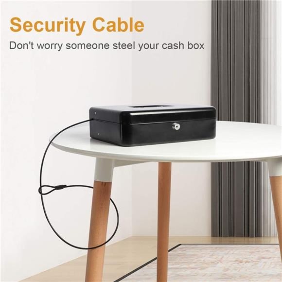 Large Locking Cash Box with Money Tray, Lock Box with Security Cable Metal Box - Picture 4 of 6